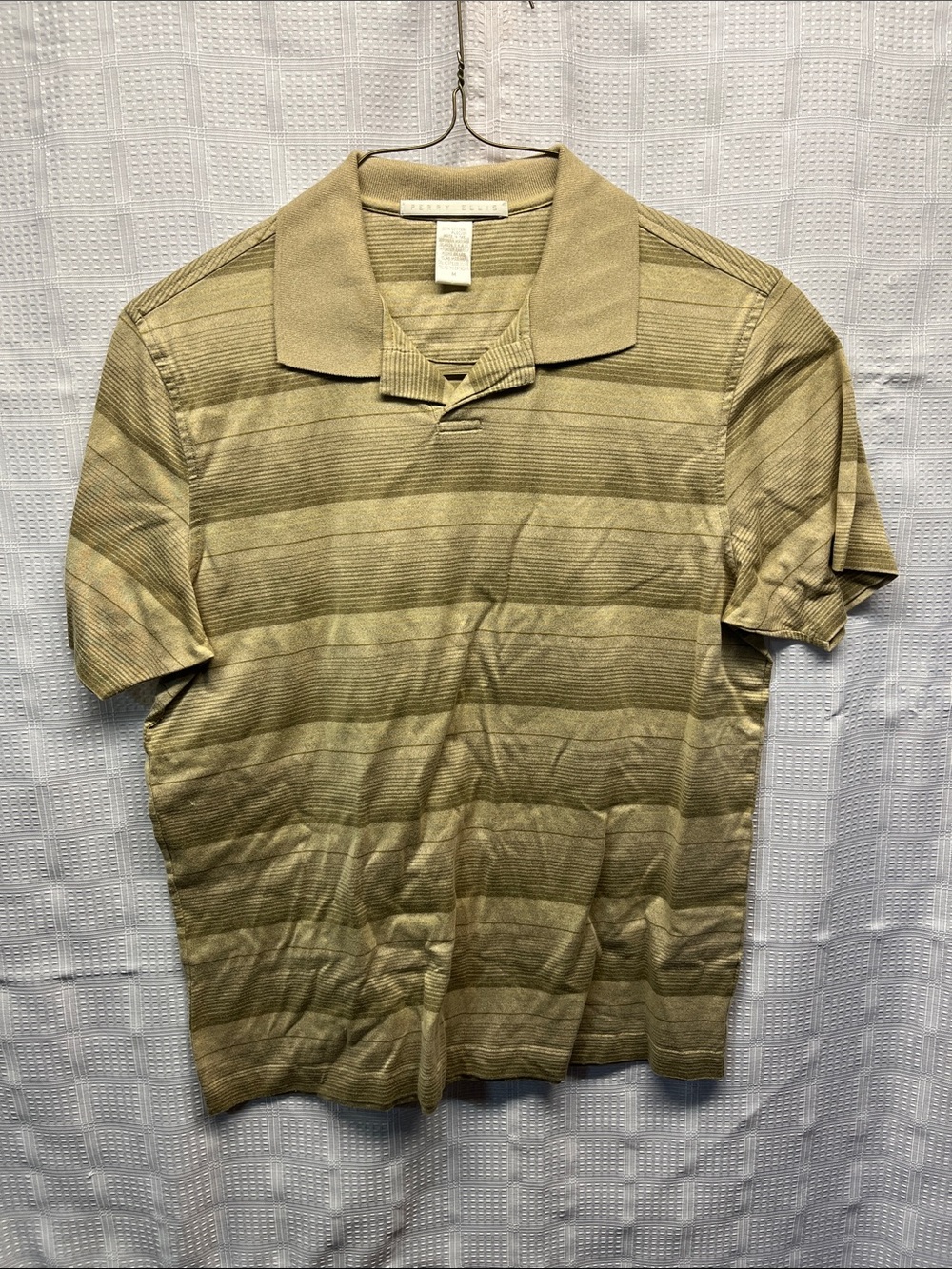 Perry Ellis Olivetone Striped Short-Sleeve Polo